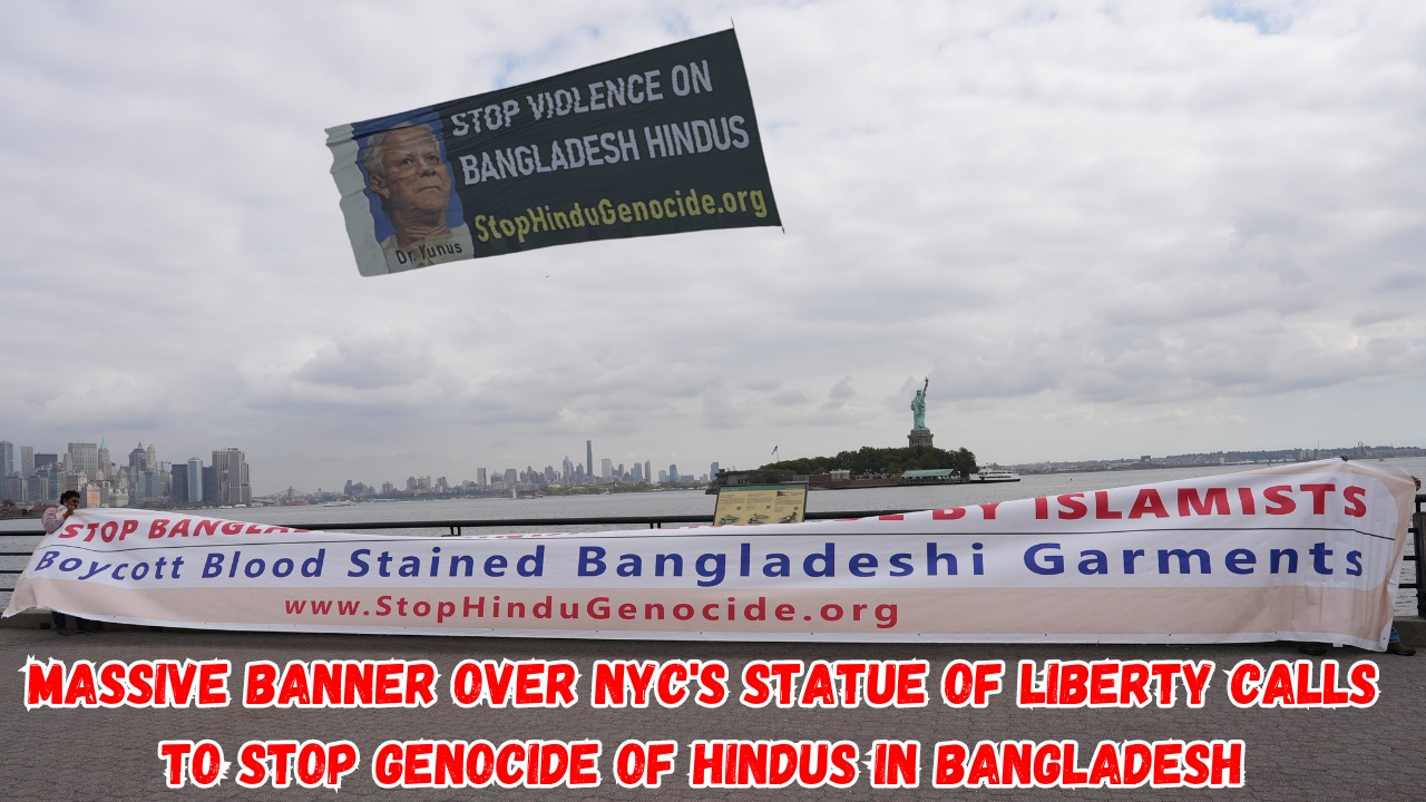 Massive Banner over NYC's Statue of Liberty calls to stop genocide of Hindus in Bangladesh
